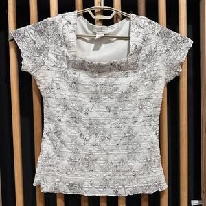 Dressbarn Top Womens Size M White Brown‎ Floral Square Neck Short Sleeve Fairy